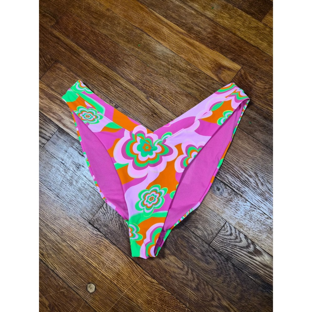 Bingo Surf Womens 3X Retro Floral V-Front High Cut Bikini Bottoms Pink Orange